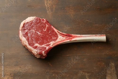 A close-up view of a raw tomahawk steak showcasing its marbled surface and thick bone, set on a rustic wooden table. photo