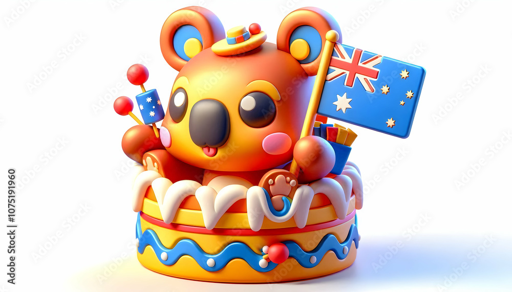 Naklejka premium 3D Macro Close Up Australian Cake Decoration Icon Vibrant Colors Intricate Details National Symbols Celebration Design Copy Space