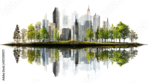 serene cityscape featuring modern skyscrapers surrounded by lush greenery, reflecting beautifully on calm water surface. blend of nature and urban life creates harmonious atmosphere