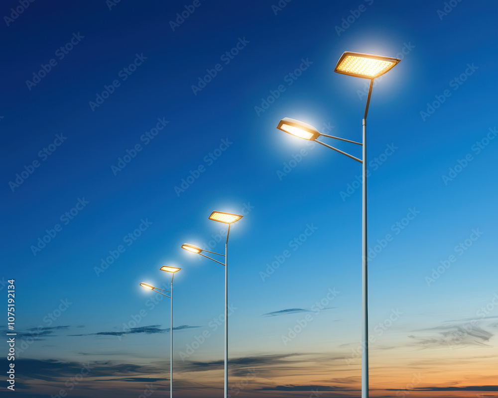Solar powered street lights illuminate pristine park at dusk, creating serene atmosphere. warm glow enhances beauty of evening sky Solar powered street lights illuminate pristine park at dusk, creating serene atmosphere. warm glow enhances beauty of evening sky