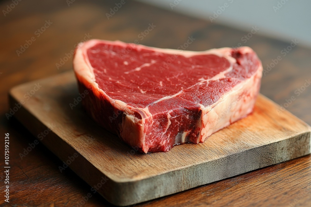 A raw steak sits on a wooden cutting board, showcasing its marbled texture and rich red color, ready for cooking or preparation. A raw steak sits on a wooden cutting board, showcasing its marbled texture and rich red color, ready for cooking or preparation.