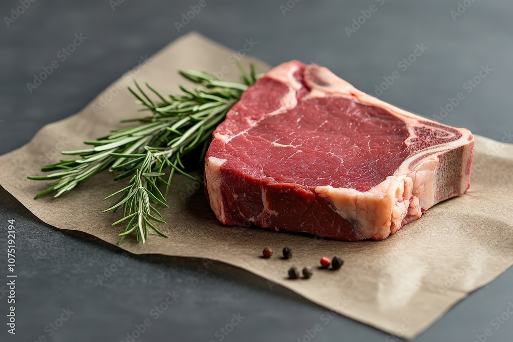 A beautifully marbled steak on kraft paper, accompanied by fresh rosemary, showcasing a delicious culinary presentation. A beautifully marbled steak on kraft paper, accompanied by fresh rosemary, showcasing a delicious culinary presentation.