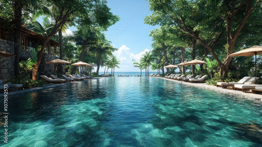 Obraz premium Serene poolside view with lush greenery and ocean backdrop.