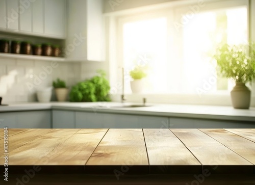 Green Empty wooden table with the bright white interior of the kitchen as a blurred background behind the bokeh golden sunshine