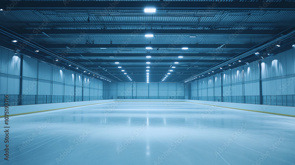 Large, empty ice rink, arena with smooth, white ice, illuminated by bright lights overhead. Large, empty ice rink, arena with smooth, white ice, illuminated by bright lights overhead.