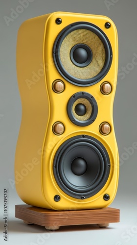 Vibrant yellow speaker with three drivers and wooden base photo