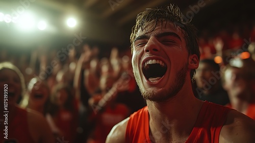 Basketball team celebrating a buzzer-beater win, players ecstatic, fans cheering wildly.