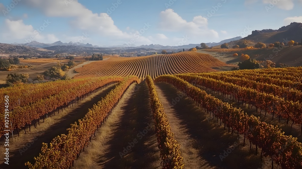 High perspective of a vineyard during autumn, with rows of grapevines arranged symmetrically across the rolling hills. No text, no logo, wide angle shot, cinematic scene, 4k resolution High perspective of a vineyard during autumn, with rows of grapevines arranged symmetrically across the rolling hills. No text, no logo, wide angle shot, cinematic scene, 4k resolution