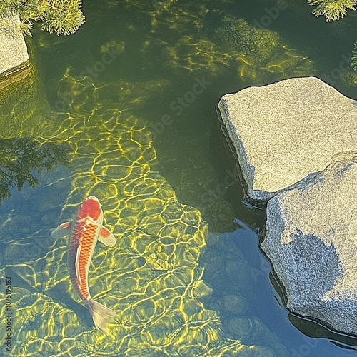 鯉、koi,池、日本庭園、水辺、魚、淡水魚、日向、緑、黄色、石
