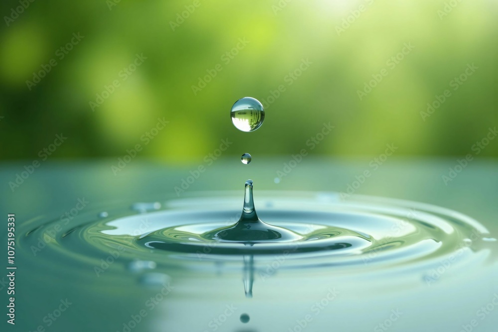 Pure Water Droplet Creating Ripples in Green Oasis of Calm and Wellness Pure Water Droplet Creating Ripples in Green Oasis of Calm and Wellness