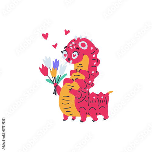 Cartoon bright pink caterpillar with tulips bouquet vector icon, cute bug worm insect, hearts doodle drawn, love emotion