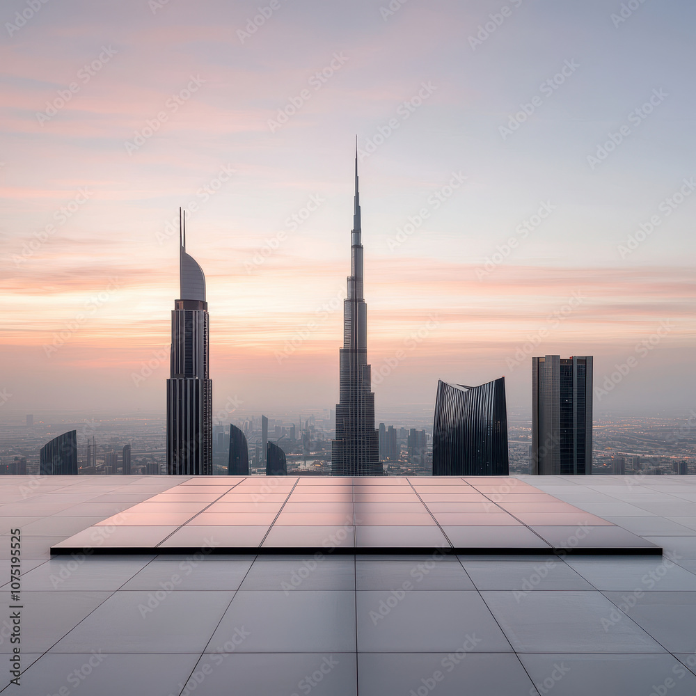 Obraz premium Futuristic skyscrapers at sunset with transparent solar panels capturing sunlight. skyline showcases modern architecture and innovative design