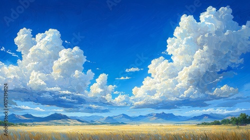 A serene landscape featuring a vibrant blue sky with fluffy clouds over golden fields and mountains.