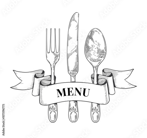 Cutlery logo. Restaurant meal menu. Fork and knife. Spoon sketch. Hand drawing tableware. Cafe dinner serving. Dining tablespoon. Outline kitchen utensil. Vector engraving silverware