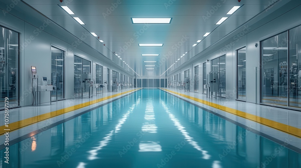 Fototapeta premium sterile and modern pharmaceutical clean room designed for large-scale chemical production, showcasing industrial design elements in a controlled environment, emphasizing functionality and safety