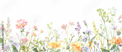 Fototapeta Naklejka Na Ścianę i Meble -  A watercolor illustration of wildflowers, with various types and colors of flowers growing along the bottom edge on a white background