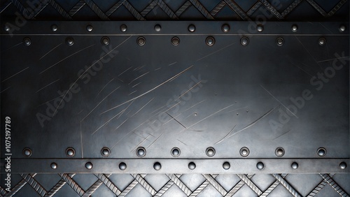 Textured metal panel background with rivets and scratches on dark background