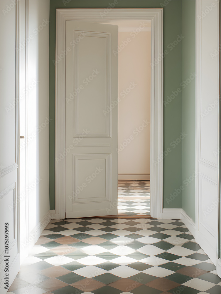 Home hallway with 2 opened doors, playful, crazy, bright rich color, texture contrast, plaid, brown and green, color contrast.