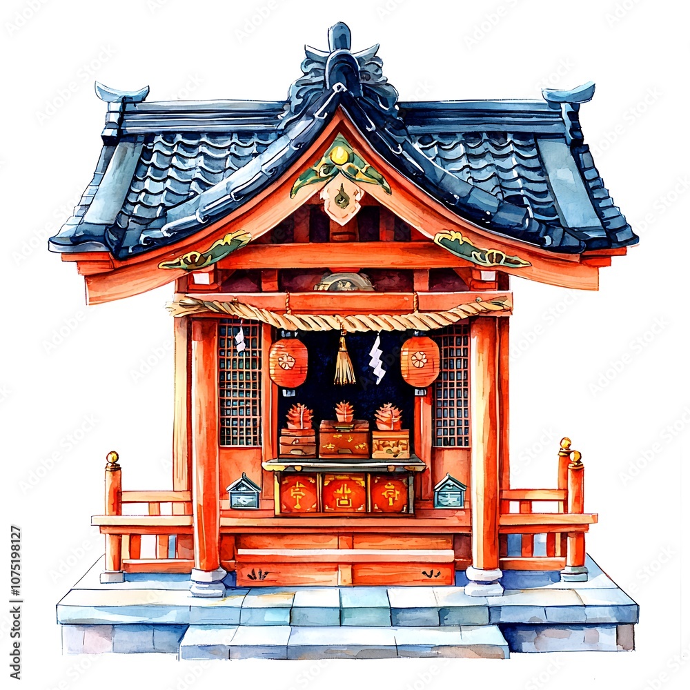 Fototapeta premium Watercolor Painting of a Traditional Japanese Shrine.