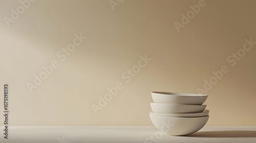 A neutral background with a set of stacked white ceramic bowls, capturing the elegance of simple forms in minimalistic style. No text, no logo, wide angle shot, cinematic scene, 4k resolution