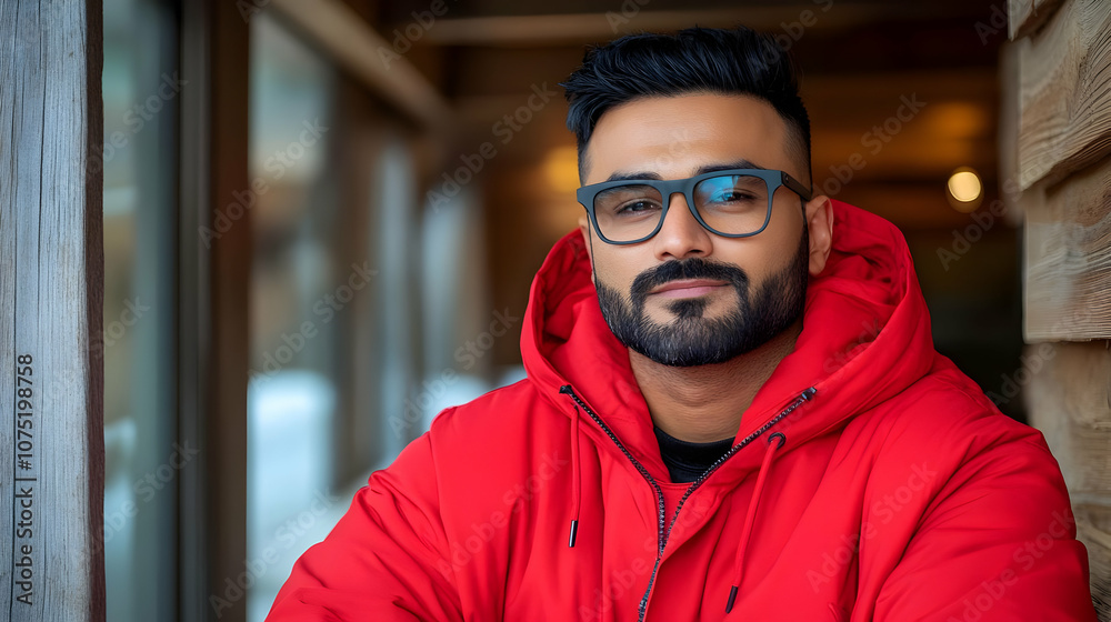 Obraz premium Portrait of a Man Wearing a Red Jacket and Glasses