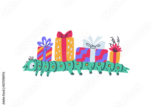 Cartoon green caterpillar with gift boxes, vector cute doodle festive worm insect with presents for holiday celebration