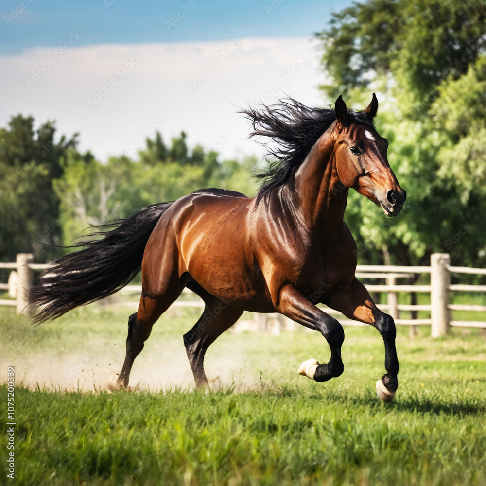 Majestic Brown Horse Running in a Green Field Majestic Brown Horse Running in a Green Field
