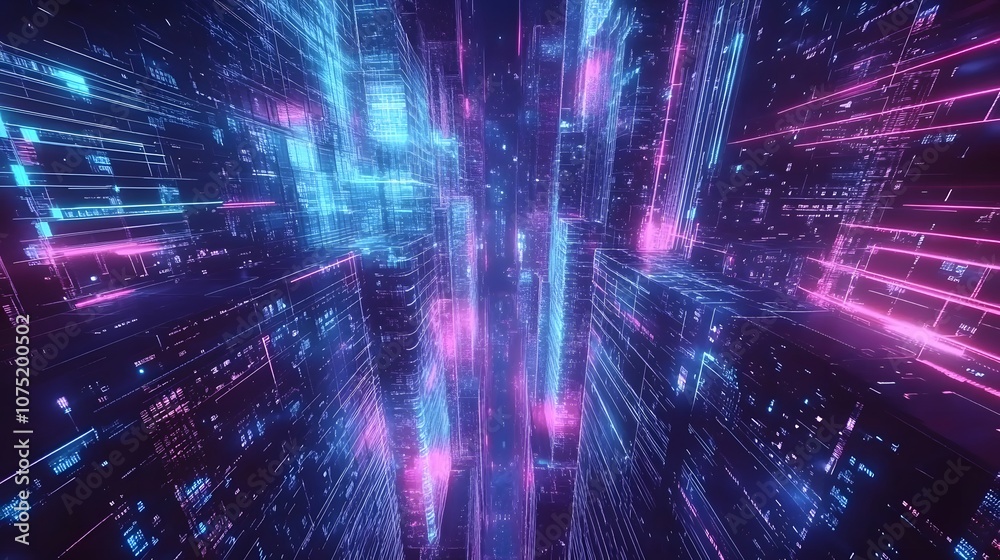 Fototapeta premium A hyper-futuristic cityscape with glowing skyscrapers and flowing digital lines across the sky, blending surreal colors of neon blue and pink, with layers of holographic advertisements illuminating