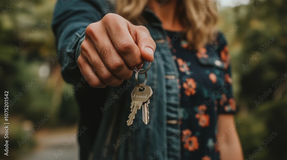 Fototapeta premium New Homeowner Holds Keys, Celebrating Real Estate Purchase, Close Up on Keys and Hands
