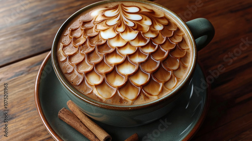 Dragonscale pattern latte art with layered foam details photo