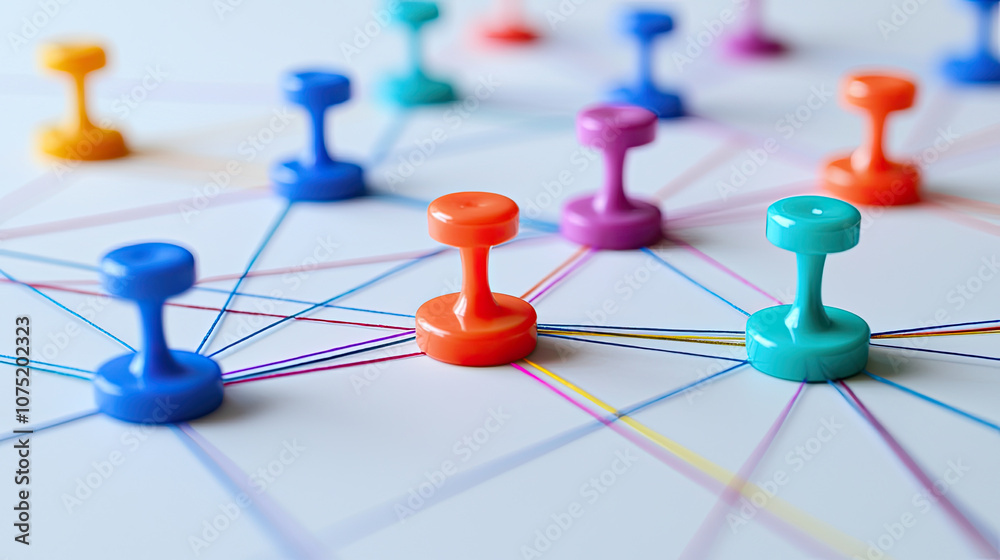 Colorful push pins connected by strings on white surface create vibrant network. This symbolizes communication, connection, and organization in creative way Colorful push pins connected by strings on white surface create vibrant network. This symbolizes communication, connection, and organization in creative way