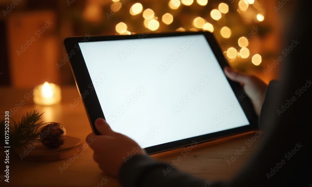 Woman is holding tablet with a white screen. Concept of calm and focus, as the woman is intently looking at the screen. The tablet could be device for work, study or entertainment Woman is holding tablet with a white screen. Concept of calm and focus, as the woman is intently looking at the screen. The tablet could be device for work, study or entertainment