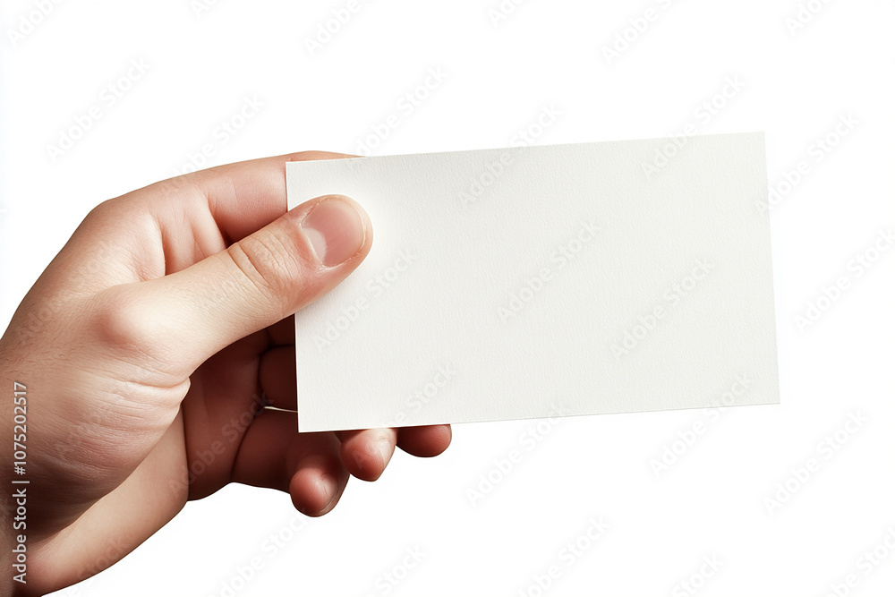 Obraz premium Close-up of hands holding a blank business card on a white background