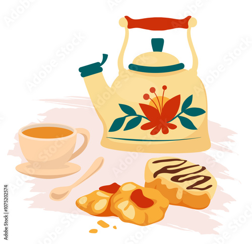 kettle and tea cup. Sweet pastries, Hot beverage and dessert. Kitchen print. Cute teapot with flower pattern. Delicious confectionery with herbal drink. Vector cartoon flat isolated illustration