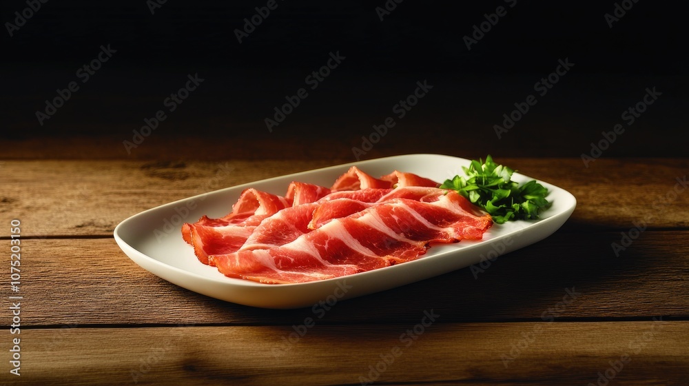 Freshly Sliced Pork Belly on a White Plate with Green Garnish Over Dark Wooden Table Background for Culinary and Food Photography Freshly Sliced Pork Belly on a White Plate with Green Garnish Over Dark Wooden Table Background for Culinary and Food Photography