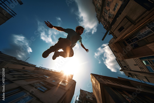 photo of a parkour athlete jumping between buildings