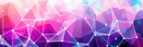 A vibrant abstract background with a geometric design of pink, purple, and white triangles connected by a web of lines