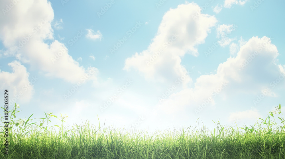 Bright blue sky with fluffy clouds above lush green grass, creating serene and peaceful landscape Bright blue sky with fluffy clouds above lush green grass, creating serene and peaceful landscape