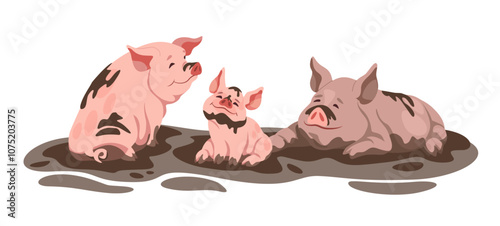 Pig. Cartoon animal, pink piglet with parent on farm in mud, playful child enjoying nature. Funny pork characters in lively outdoor scene. Livestock poster. Vector contemporary flat isolated set