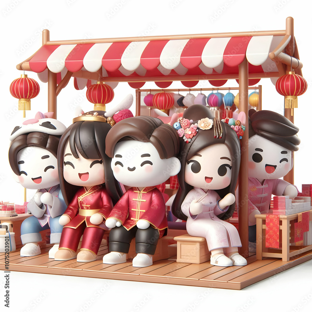 3D Candid Shot Friends Traditional Outfits Market Stall Space for Text Fun Cultural Exploration Chinese New Year Cute Chibi Icon Design Isolated White Background 3D Candid Shot Friends Traditional Outfits Market Stall Space for Text Fun Cultural Exploration Chinese New Year Cute Chibi Icon Design Isolated White Background