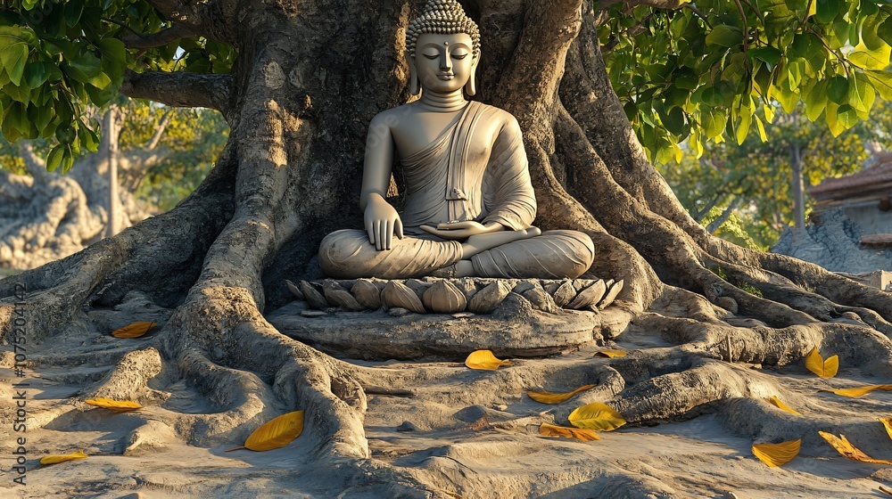 Obraz premium Buddha Statue Meditating Underneath a Tree
