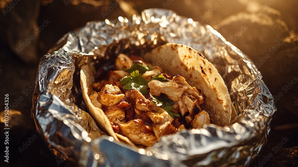 Chicken Tacos Wrapped in Foil Under Bright Sunlight Chicken Tacos Wrapped in Foil Under Bright Sunlight