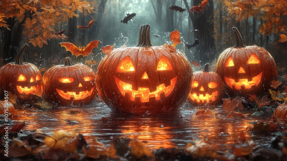 Naklejka premium Spooky Halloween pumpkins glowing in a misty autumn forest.