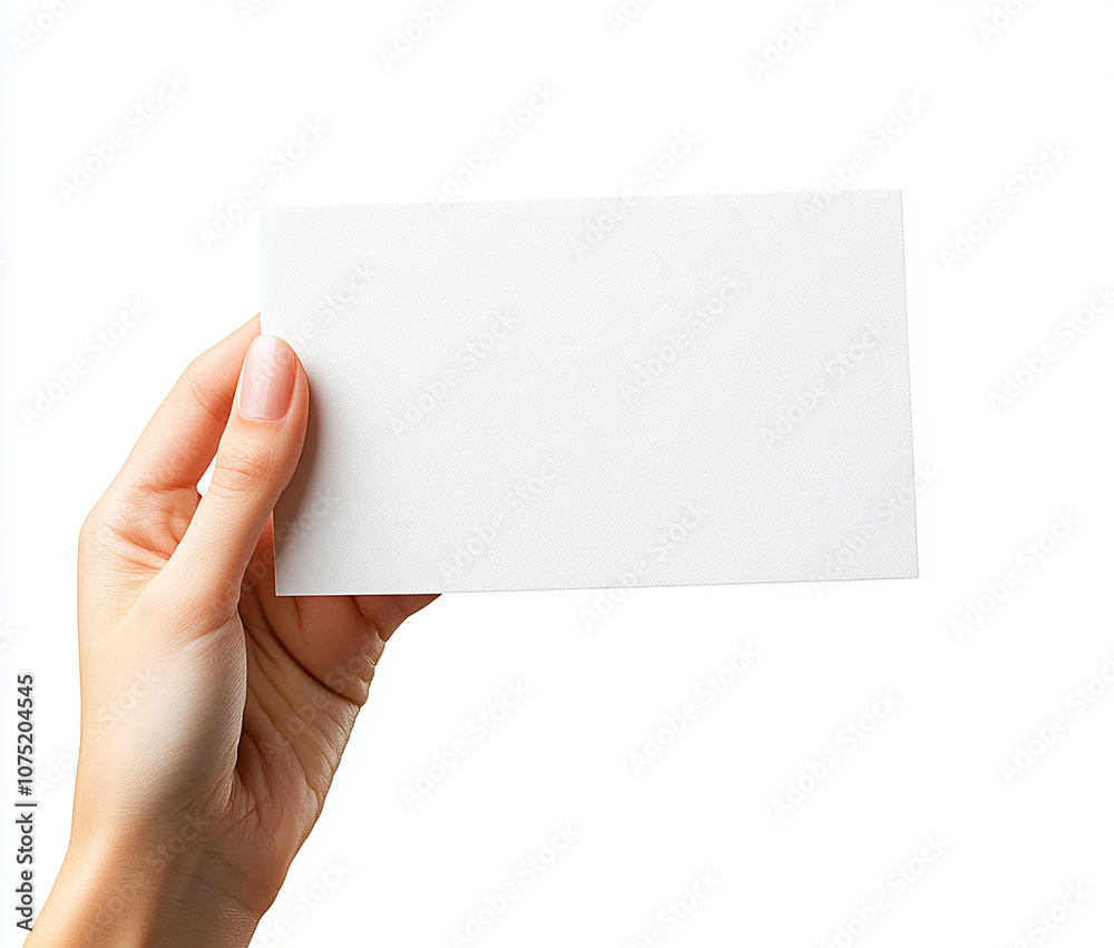 Close-up of hands holding a blank business card on a white background Close-up of hands holding a blank business card on a white background