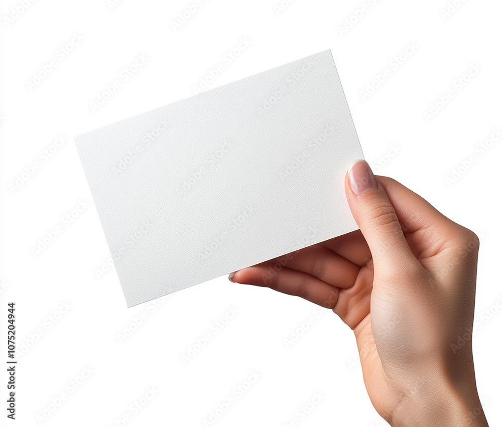 Close-up of hands holding a blank business card on a white background Close-up of hands holding a blank business card on a white background