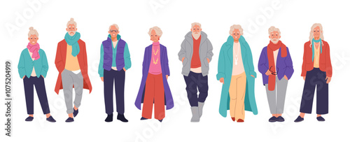 Old people avatars. Older woman face. Senior man. City citizens. Standing grandfather. Walking retired lady. Trendy fashionable clothing. Modern grandparent. Elderly persons vector set