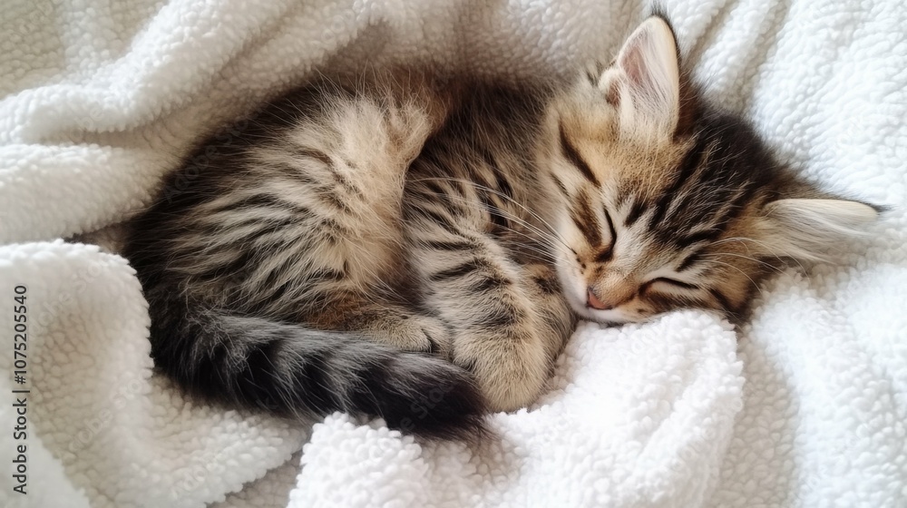 fluffy kitten curled up on a white blanket, daylight fluffy kitten curled up on a white blanket, daylight