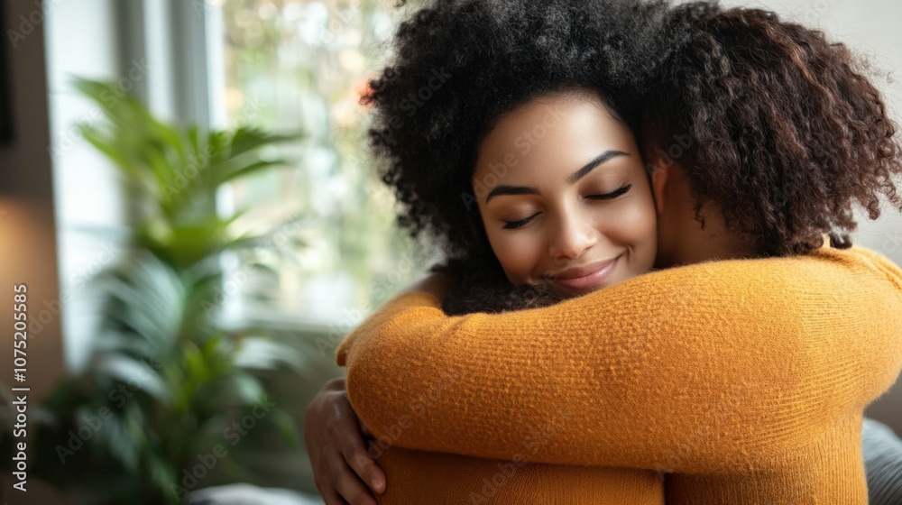 Young woman embracing friend from behind on sofa, smiling, natural light from large window, cozy modern room, Young woman embracing friend from behind on sofa, smiling, natural light from large window, cozy modern room,