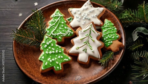 Biscoitos de Natal Decorados com Glacê em Prato Rústico close-up