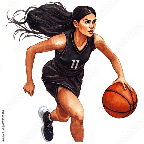 Female basketball player dribbling the ball, watercolor illustration.